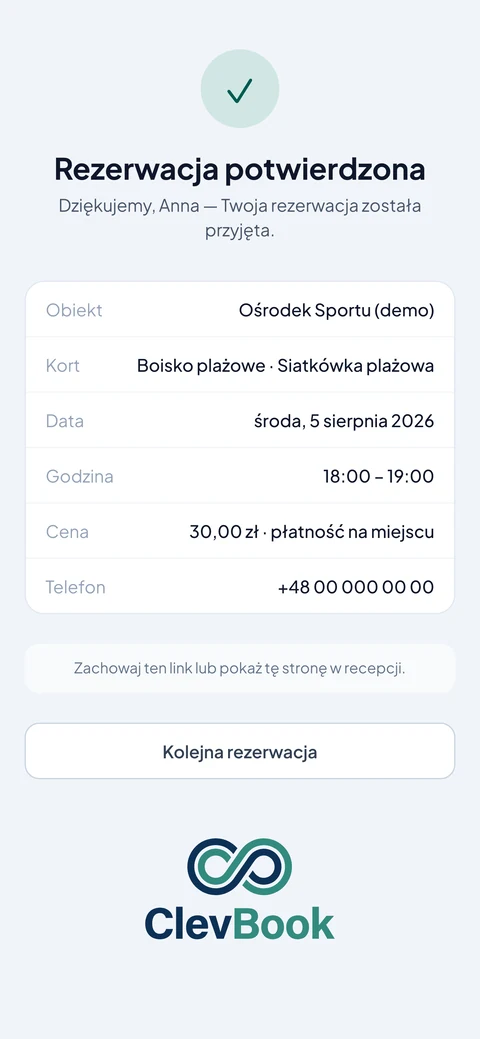 Potwierdzona rezerwacja na telefonie: haczyk, obiekt, kort, data, godzina i cena na jeden rzut oka.