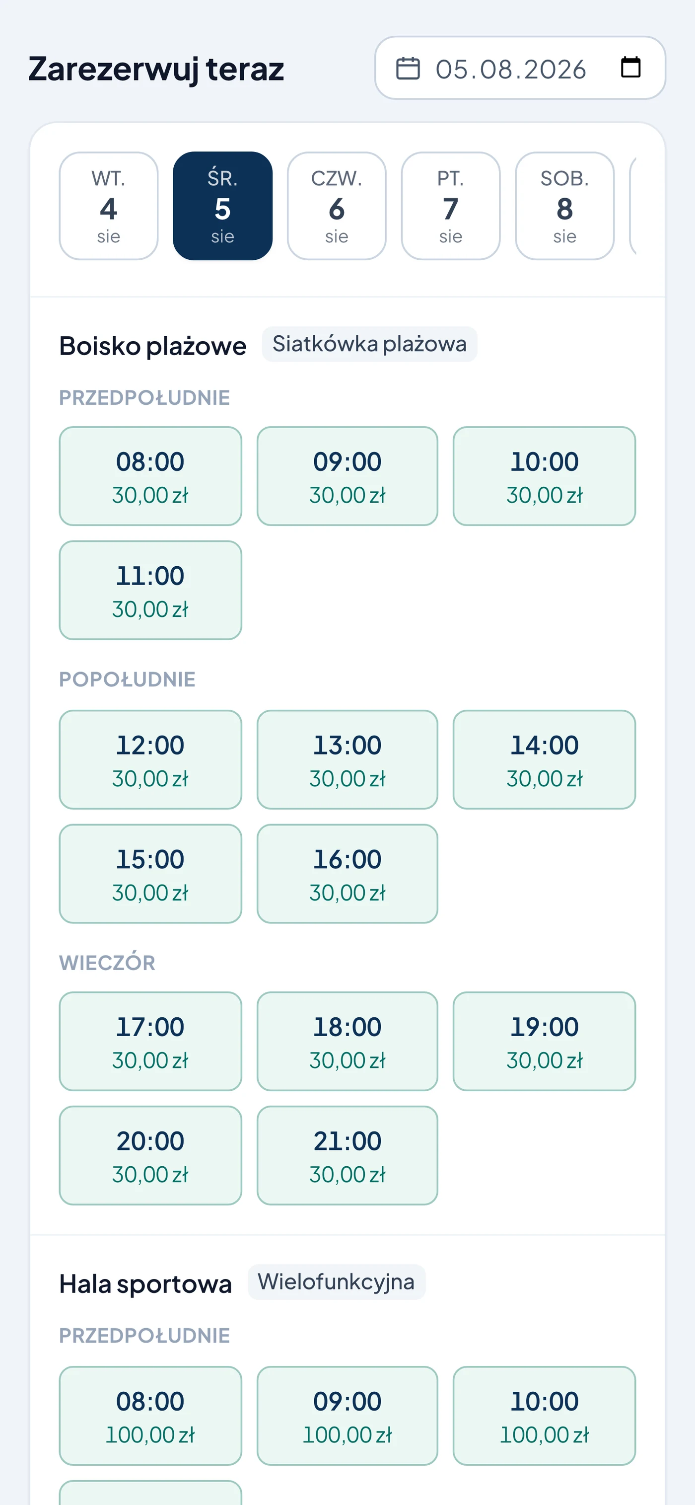 Strona rezerwacji na telefonie: pasek dat i wolne godziny z ceną do wybrania.