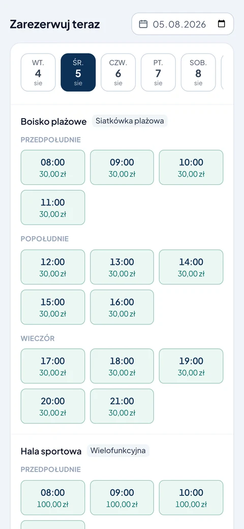 Strona rezerwacji na telefonie: pasek dat i wolne godziny z ceną do wybrania.