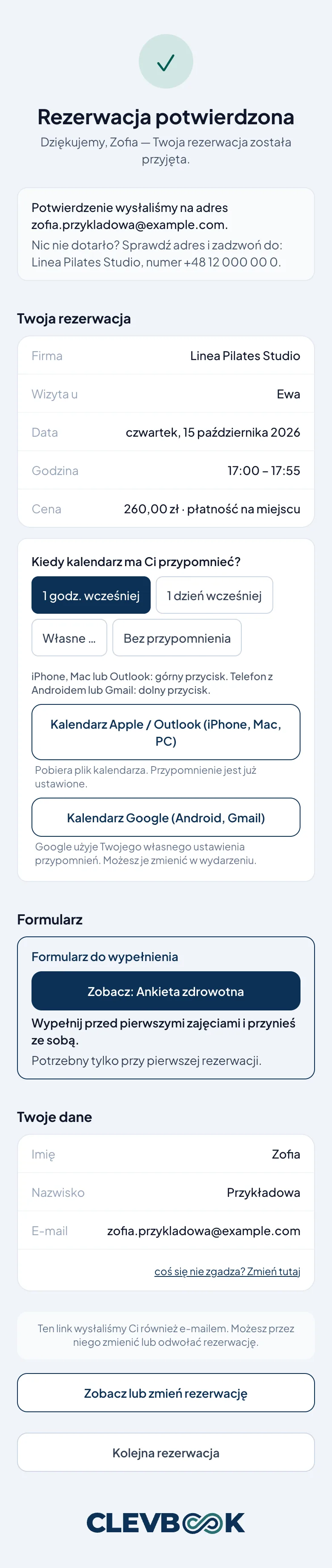 Rezerwacja potwierdzona: Linea Pilates Studio, Ewa, czwartek 15 października, 17:00–17:55, z przypomnieniem w kalendarzu.