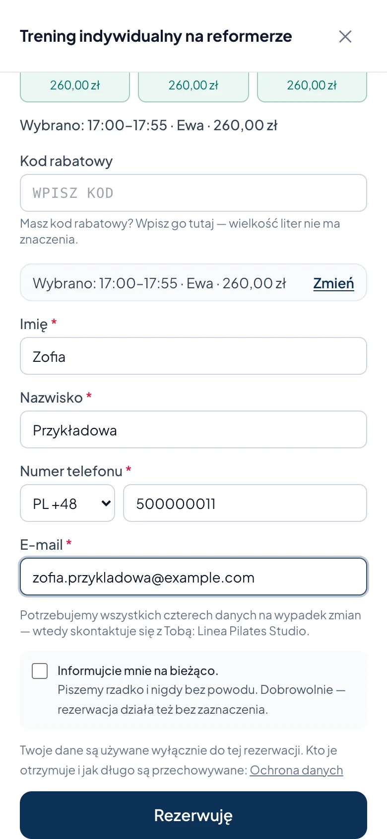 Formularz rezerwacji: lekcja prywatna na reformerze o 17:00 u Ewy, 260 zł.